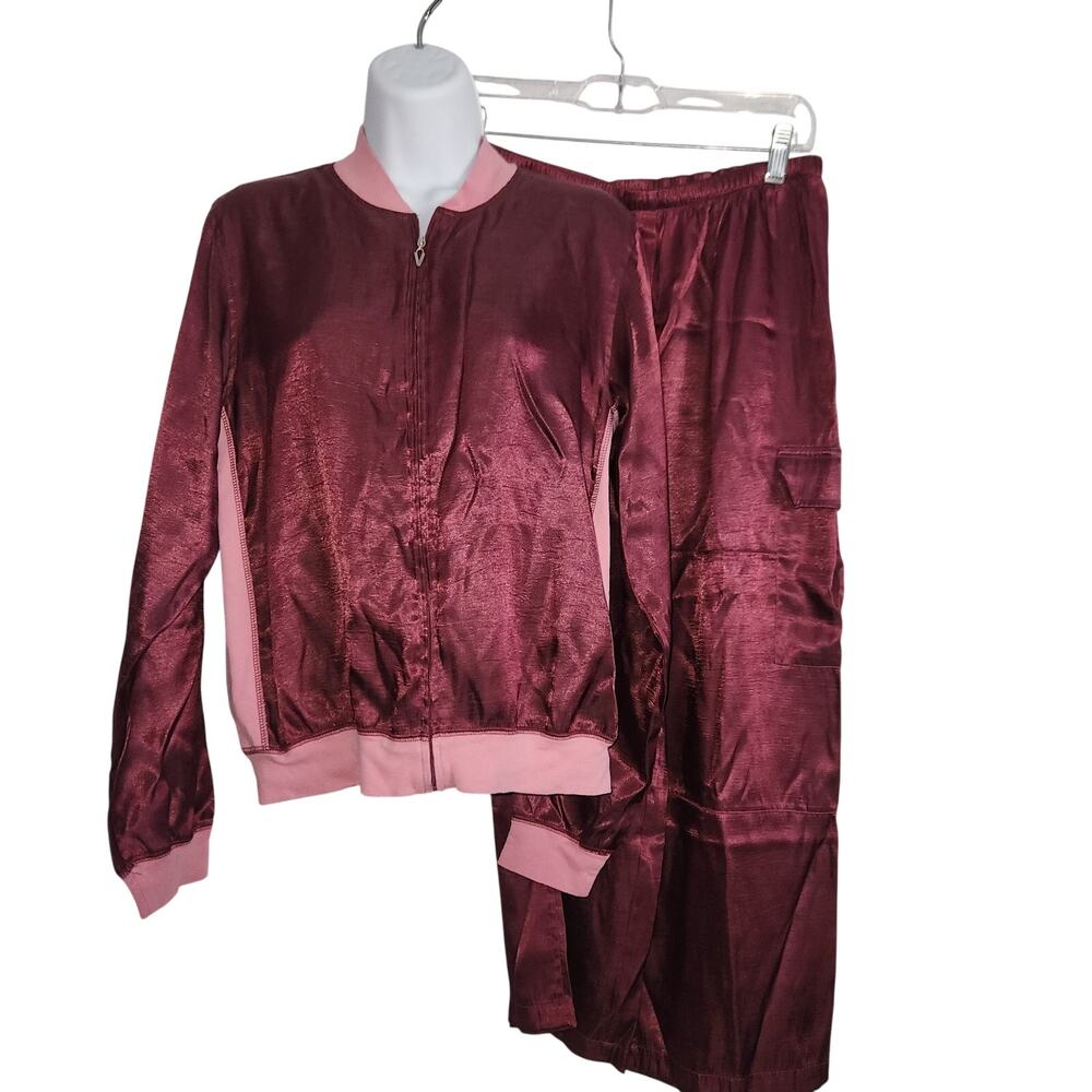Vintage Victoria's Secret Maroon And Pink Silky Track Suite Ankle Length Sz S